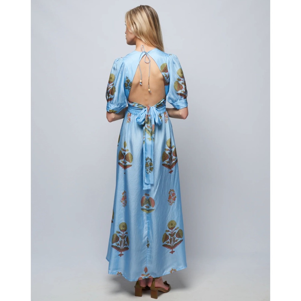 B43 Hannah Artwear Surya Floral Silk Maxi Dress Womens 1 US 6 Blue Puff Sleeve - Picture 2 of 15